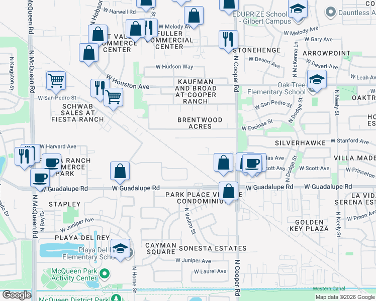 map of restaurants, bars, coffee shops, grocery stores, and more near 1013 West Stanford Avenue in Gilbert