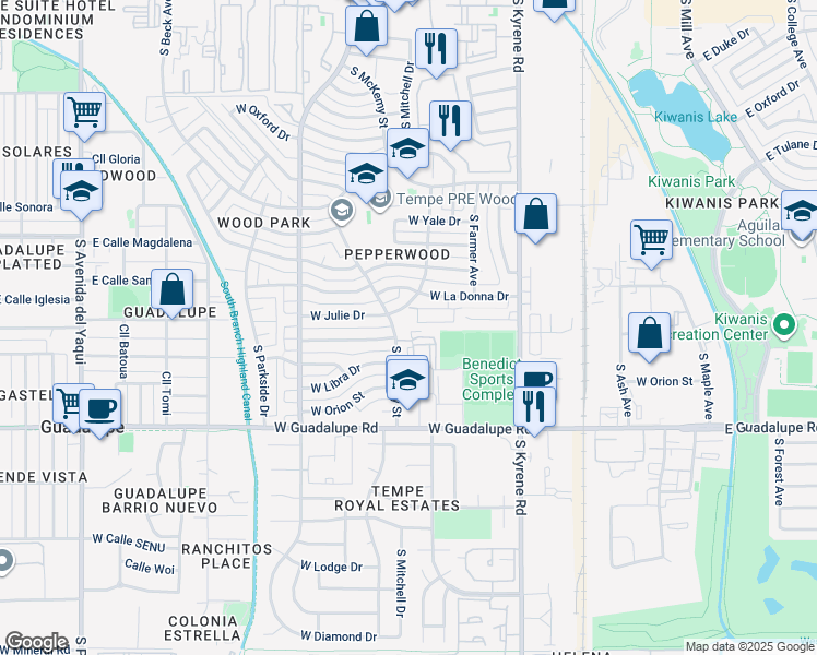 map of restaurants, bars, coffee shops, grocery stores, and more near 6101 West Julie Drive in Tempe