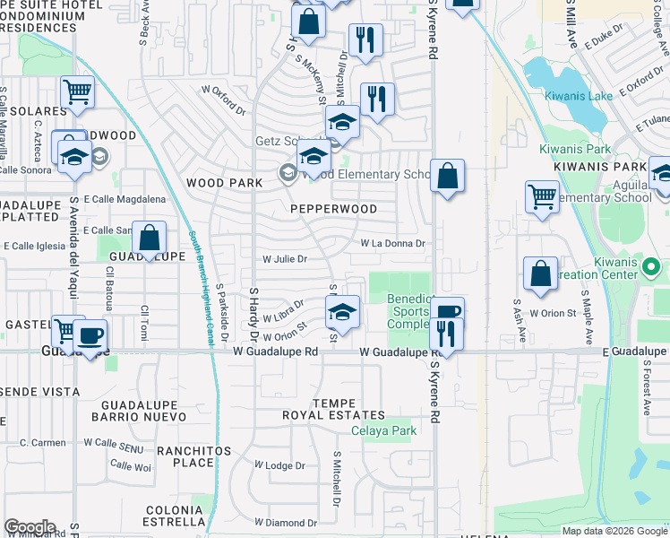 map of restaurants, bars, coffee shops, grocery stores, and more near 6101 West Julie Drive in Tempe