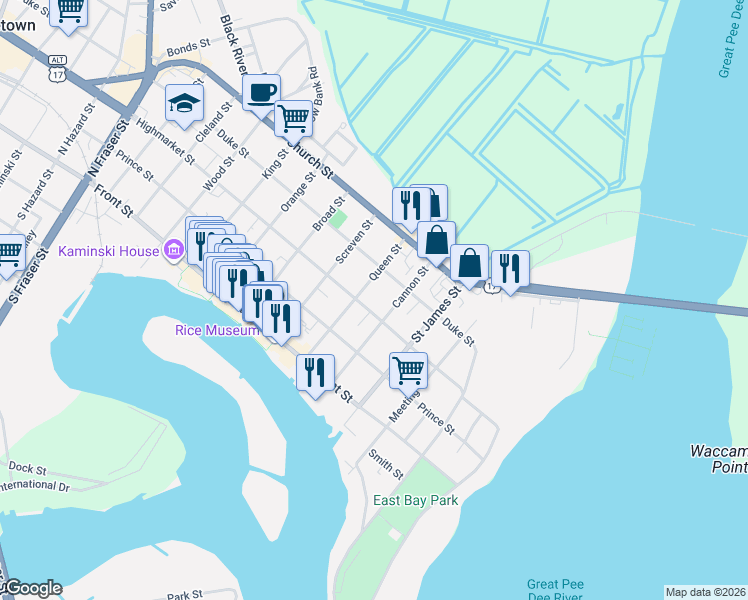 map of restaurants, bars, coffee shops, grocery stores, and more near 326 Queen Street in Georgetown