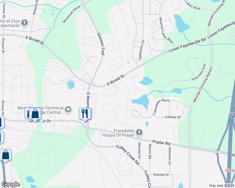 map of restaurants, bars, coffee shops, grocery stores, and more near 29 Preserve Drive in Newnan