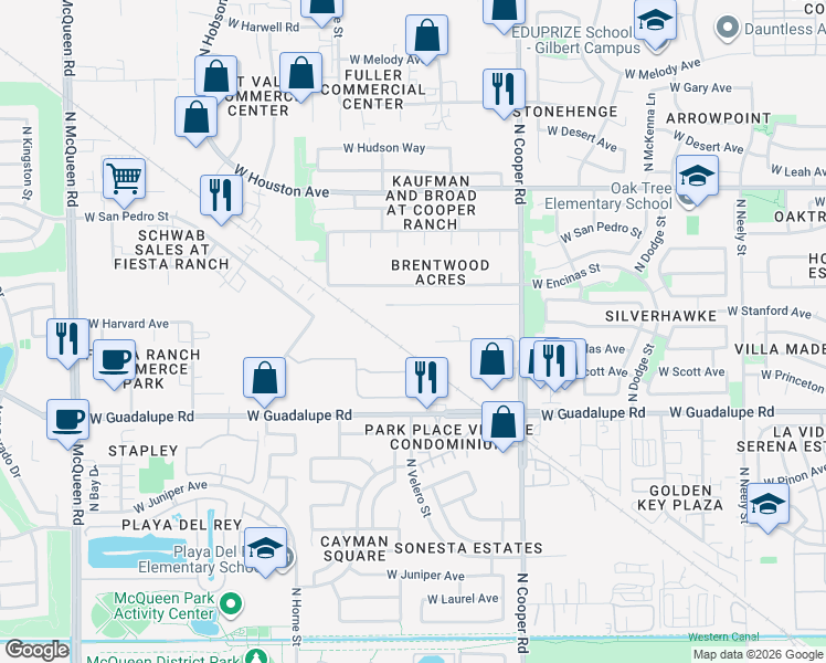 map of restaurants, bars, coffee shops, grocery stores, and more near 1013 West Stanford Avenue in Gilbert