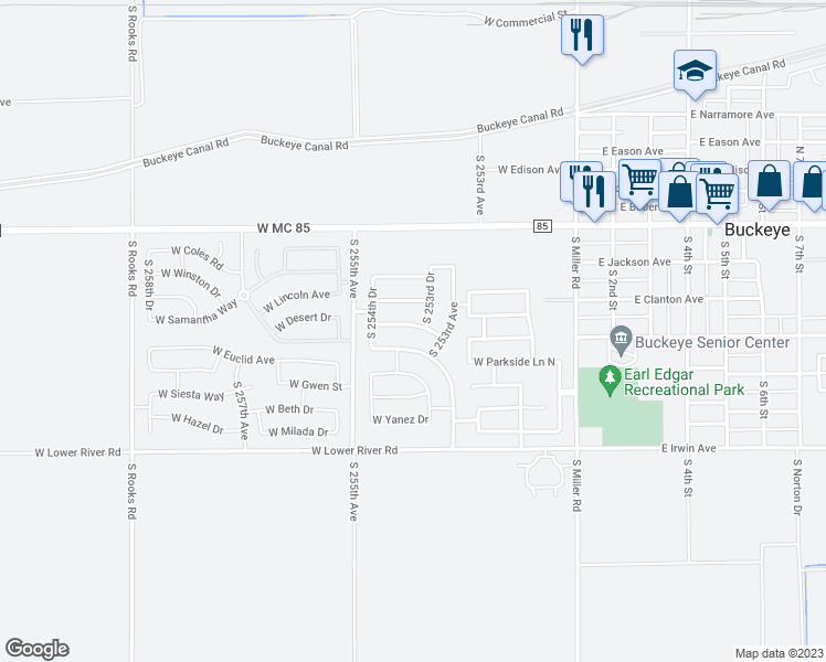 map of restaurants, bars, coffee shops, grocery stores, and more near 25395 West Clanton Avenue in Buckeye