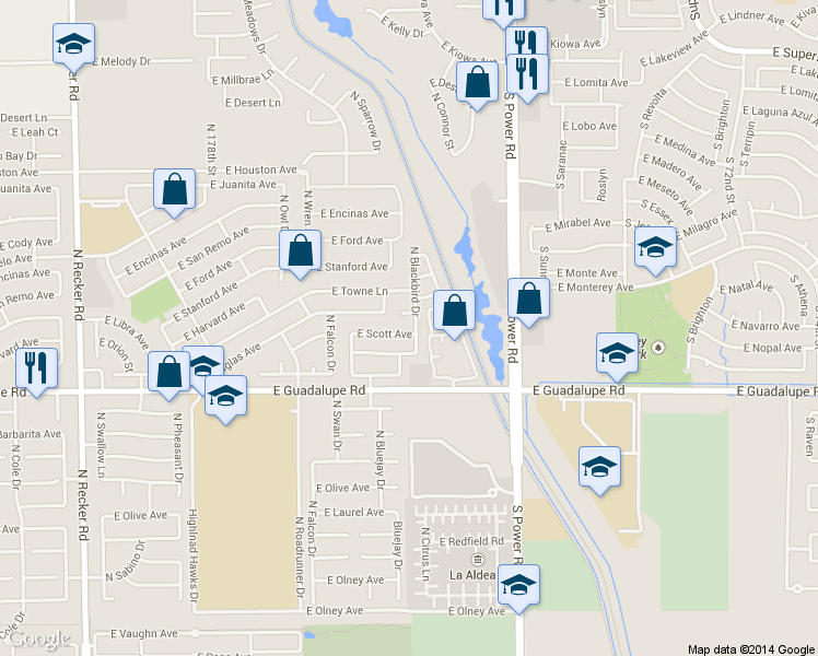 map of restaurants, bars, coffee shops, grocery stores, and more near 4614 East Scott Avenue in Gilbert