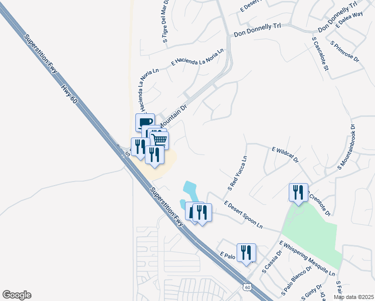 map of restaurants, bars, coffee shops, grocery stores, and more near 5184 South Casa Prieto Drive in Gold Canyon