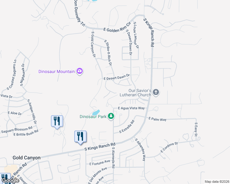 map of restaurants, bars, coffee shops, grocery stores, and more near 5297 South Overlook Trail in Gold Canyon