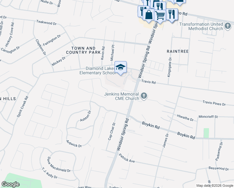 map of restaurants, bars, coffee shops, grocery stores, and more near 2513 Inverness Drive in Hephzibah