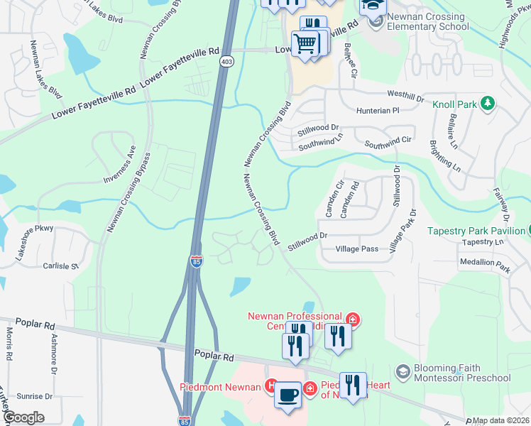 map of restaurants, bars, coffee shops, grocery stores, and more near 2050 Newnan Crossing Boulevard East in Newnan