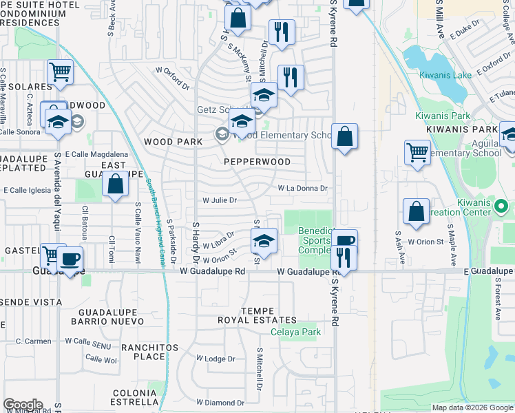 map of restaurants, bars, coffee shops, grocery stores, and more near 6101 West Julie Drive in Tempe
