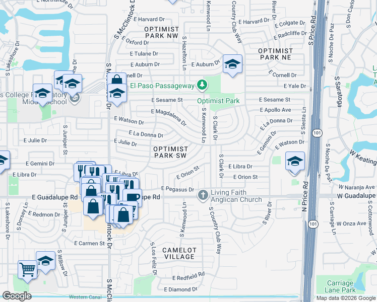 map of restaurants, bars, coffee shops, grocery stores, and more near 1924 East Gemini Drive in Tempe