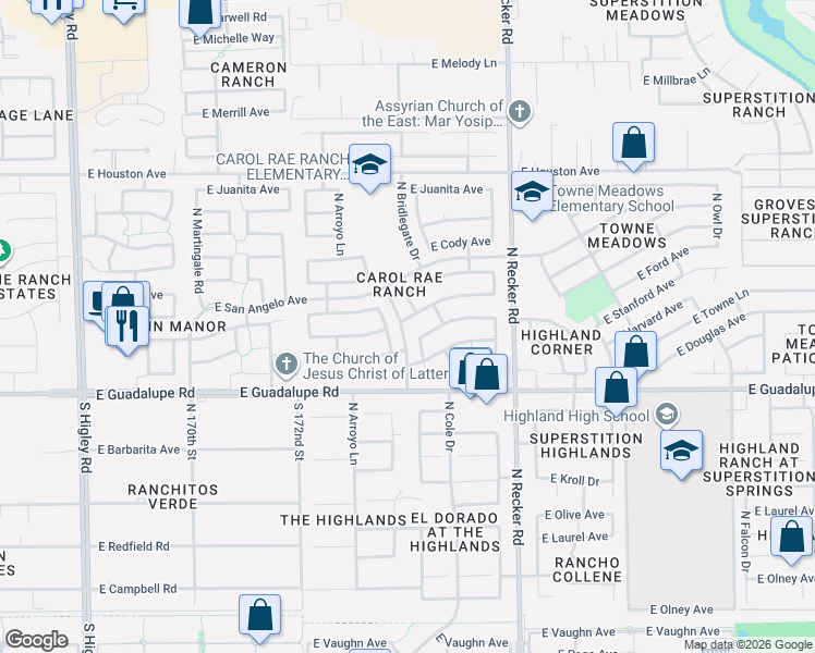 map of restaurants, bars, coffee shops, grocery stores, and more near 933 North Tatum Lane in Gilbert