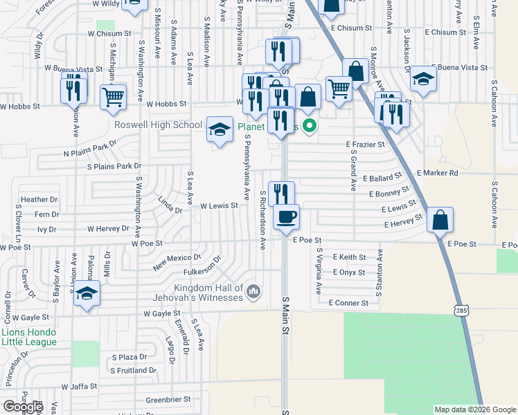 map of restaurants, bars, coffee shops, grocery stores, and more near 1912 South Richardson Avenue in Roswell