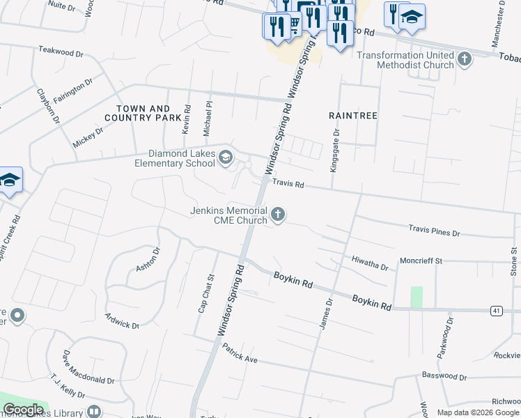 map of restaurants, bars, coffee shops, grocery stores, and more near 4208-4212 Windsor Spring Road in Hephzibah