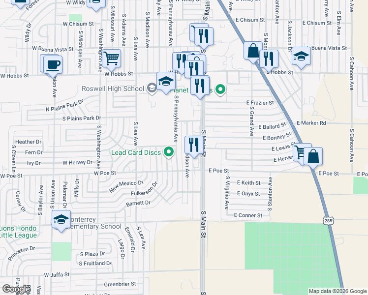 map of restaurants, bars, coffee shops, grocery stores, and more near 1912 South Richardson Avenue in Roswell