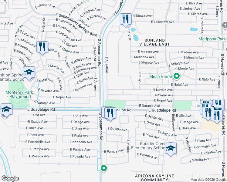 map of restaurants, bars, coffee shops, grocery stores, and more near 7716 East Neville Avenue in Mesa