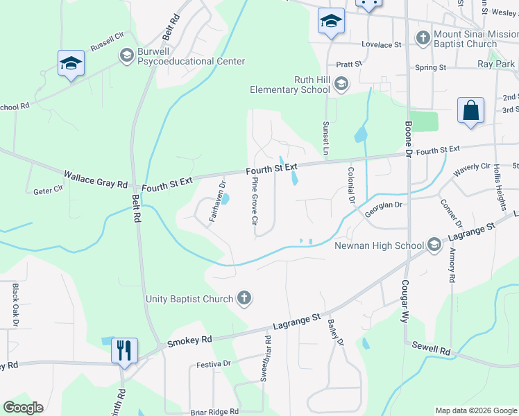 map of restaurants, bars, coffee shops, grocery stores, and more near 104 Pine Grove Circle in Newnan