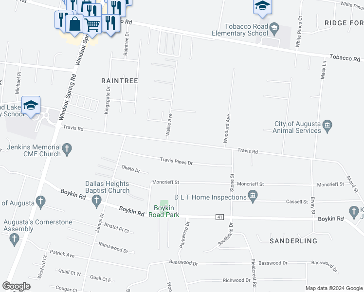 map of restaurants, bars, coffee shops, grocery stores, and more near 2334 Travis Road in Augusta