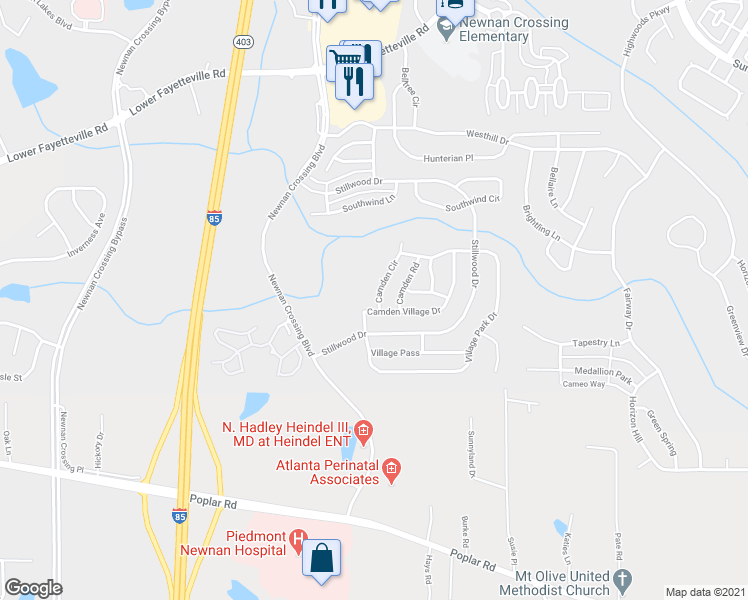 map of restaurants, bars, coffee shops, grocery stores, and more near 6 Camden Circle in Newnan