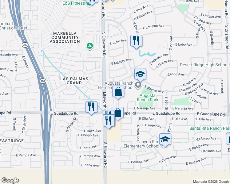 map of restaurants, bars, coffee shops, grocery stores, and more near 9233 East Neville Avenue in Mesa