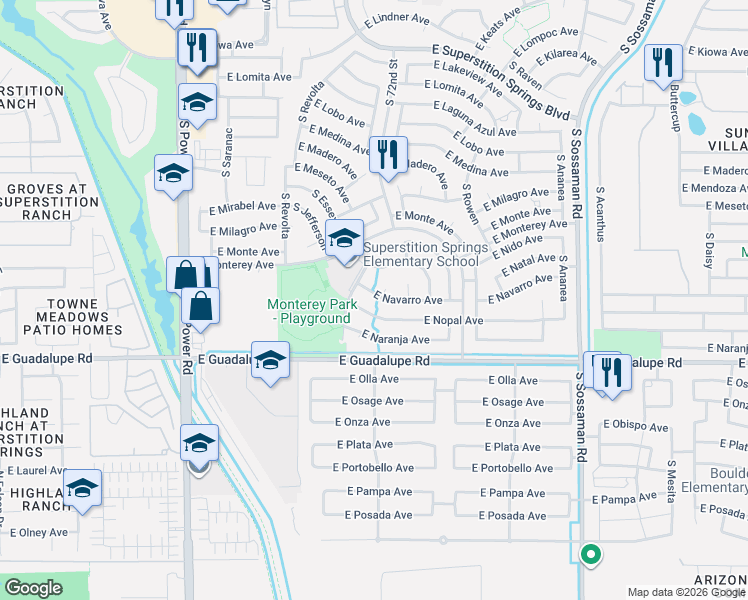 map of restaurants, bars, coffee shops, grocery stores, and more near 2654 South 72nd Circle in Mesa