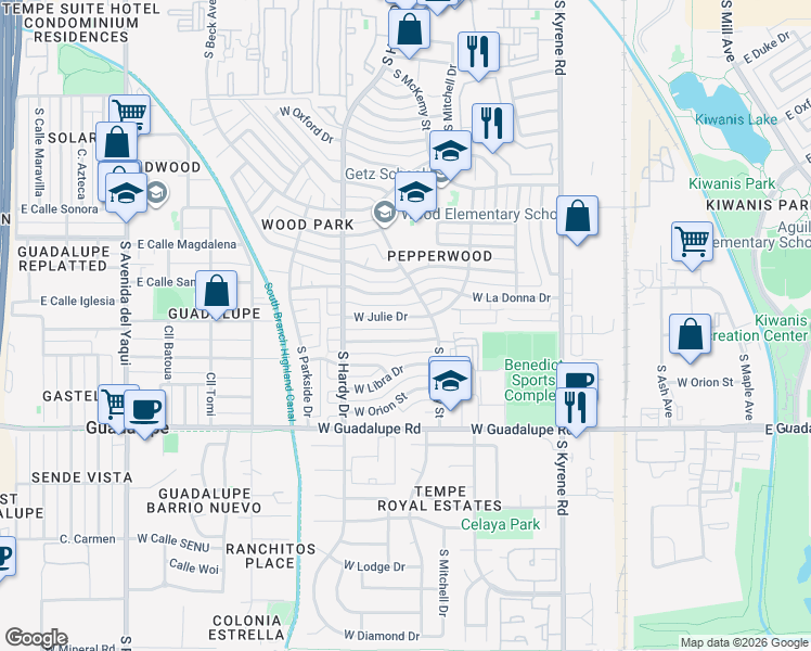 map of restaurants, bars, coffee shops, grocery stores, and more near 834 West Julie Drive in Tempe