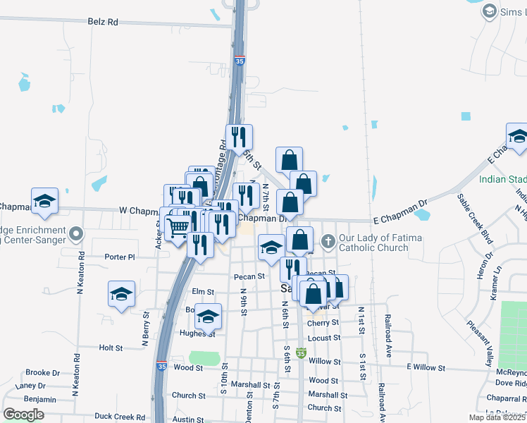 map of restaurants, bars, coffee shops, grocery stores, and more near 909 North 7th Street in Sanger