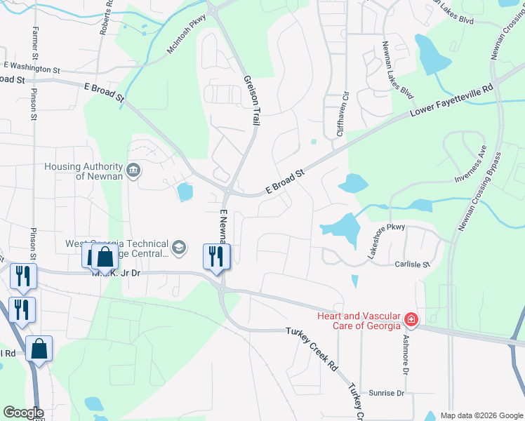 map of restaurants, bars, coffee shops, grocery stores, and more near 11 Rockcress Court in Newnan