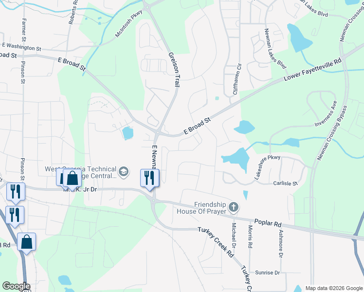 map of restaurants, bars, coffee shops, grocery stores, and more near 15 Rockcress Court in Newnan