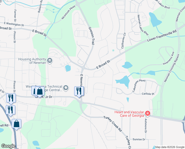 map of restaurants, bars, coffee shops, grocery stores, and more near 10 Rockcress Court in Newnan