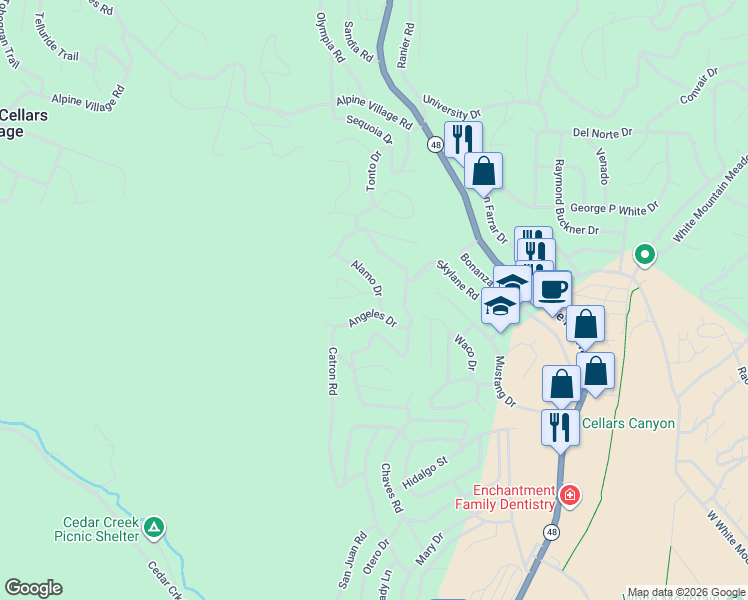 map of restaurants, bars, coffee shops, grocery stores, and more near 102 Klamath Road in Ruidoso