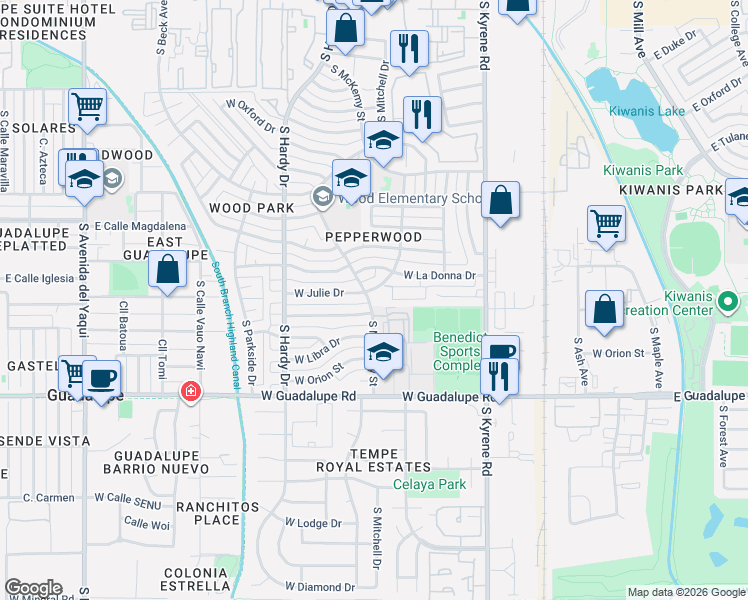 map of restaurants, bars, coffee shops, grocery stores, and more near 6101 West Julie Drive in Tempe