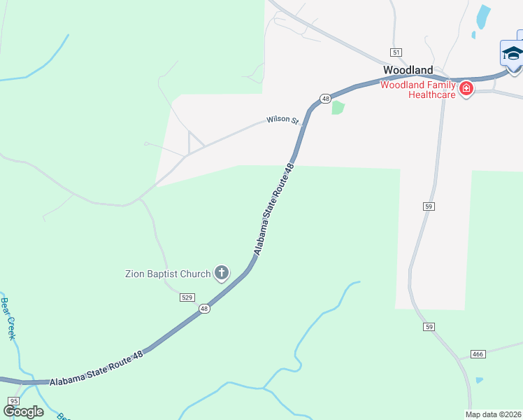 map of restaurants, bars, coffee shops, grocery stores, and more near 23457 Alabama 48 in Woodland