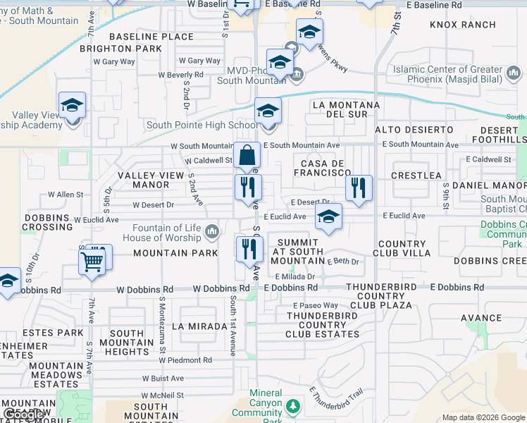 map of restaurants, bars, coffee shops, grocery stores, and more near 2 East Euclid Avenue in Phoenix