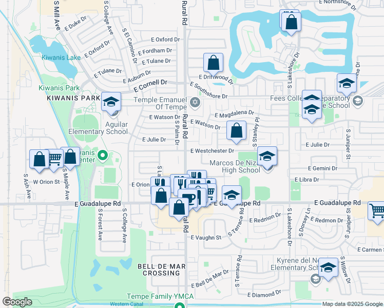map of restaurants, bars, coffee shops, grocery stores, and more near in Tempe