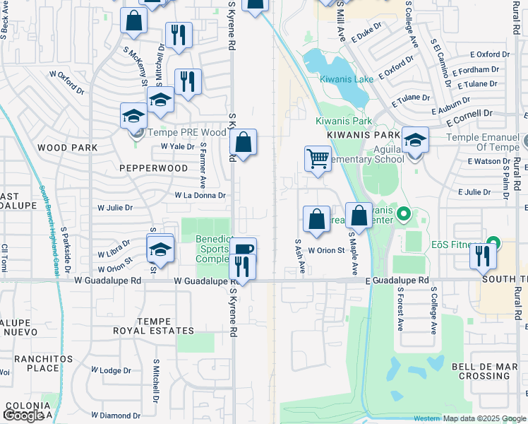map of restaurants, bars, coffee shops, grocery stores, and more near 402 West Gemini Drive in Tempe