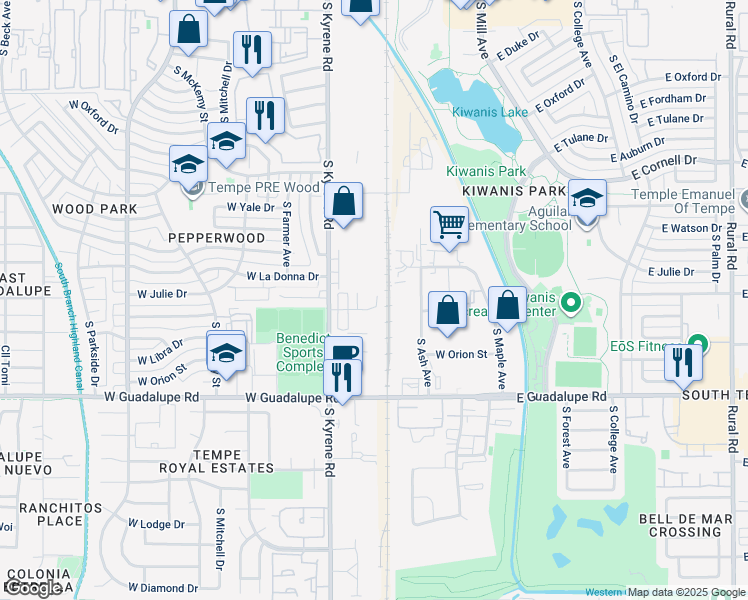 map of restaurants, bars, coffee shops, grocery stores, and more near 402 West Gemini Drive in Tempe
