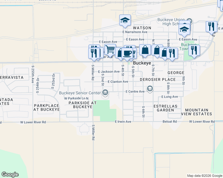 map of restaurants, bars, coffee shops, grocery stores, and more near 208 East Centre Avenue in Buckeye