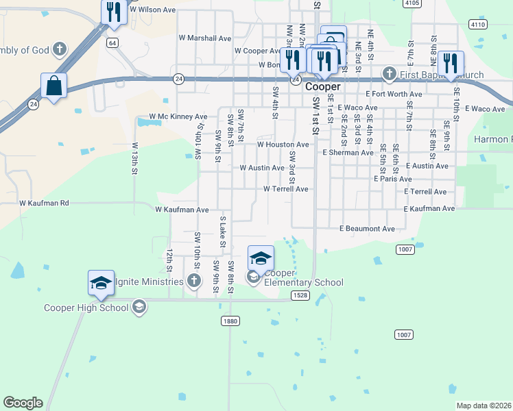 map of restaurants, bars, coffee shops, grocery stores, and more near 1121 Southwest 6th Street in Cooper