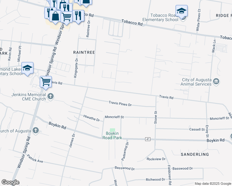 map of restaurants, bars, coffee shops, grocery stores, and more near 2342 Travis Road in Augusta