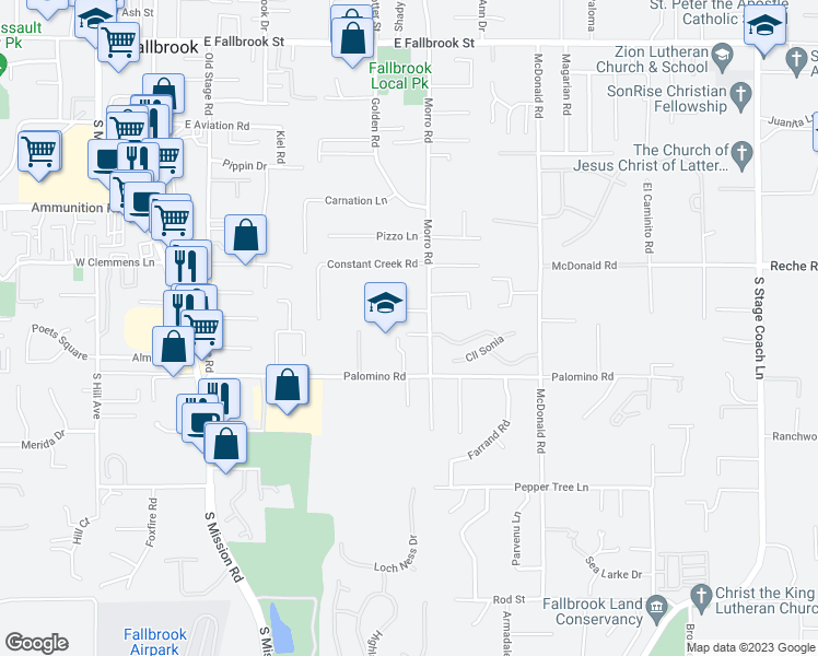 map of restaurants, bars, coffee shops, grocery stores, and more near 820 Cookie Lane in Fallbrook