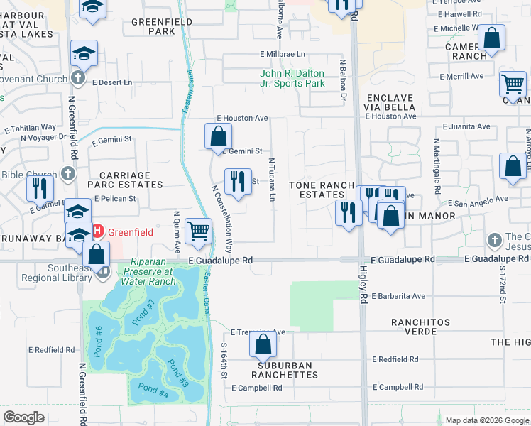 map of restaurants, bars, coffee shops, grocery stores, and more near 914 North Tucana Lane in Gilbert