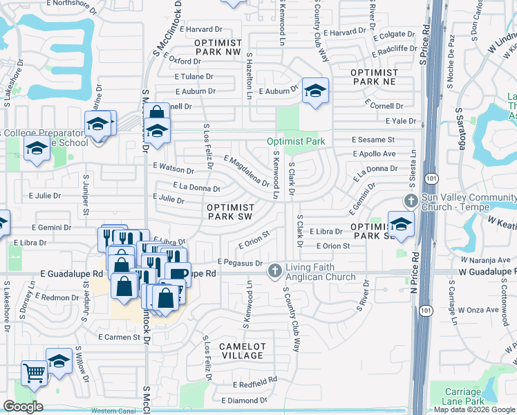 map of restaurants, bars, coffee shops, grocery stores, and more near 1924 East Gemini Drive in Tempe