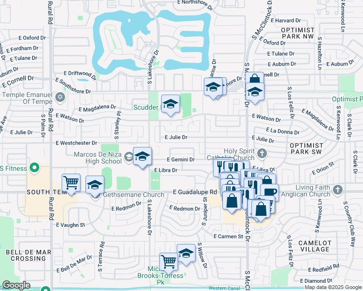 map of restaurants, bars, coffee shops, grocery stores, and more near 1321 East Julie Drive in Tempe
