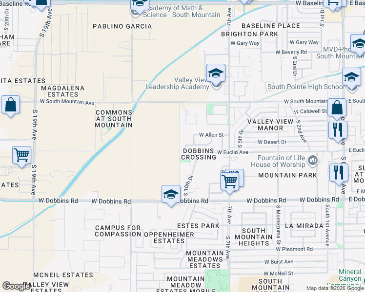 map of restaurants, bars, coffee shops, grocery stores, and more near 8616 South 10th Lane in Phoenix