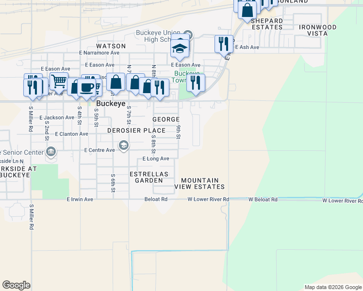map of restaurants, bars, coffee shops, grocery stores, and more near 819 East Clanton Avenue in Buckeye