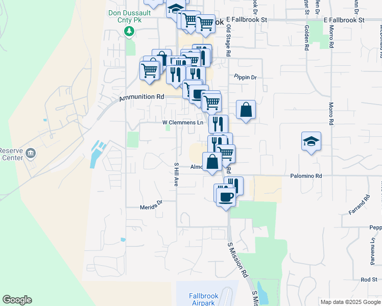 map of restaurants, bars, coffee shops, grocery stores, and more near 1381 South Mission Road in Fallbrook