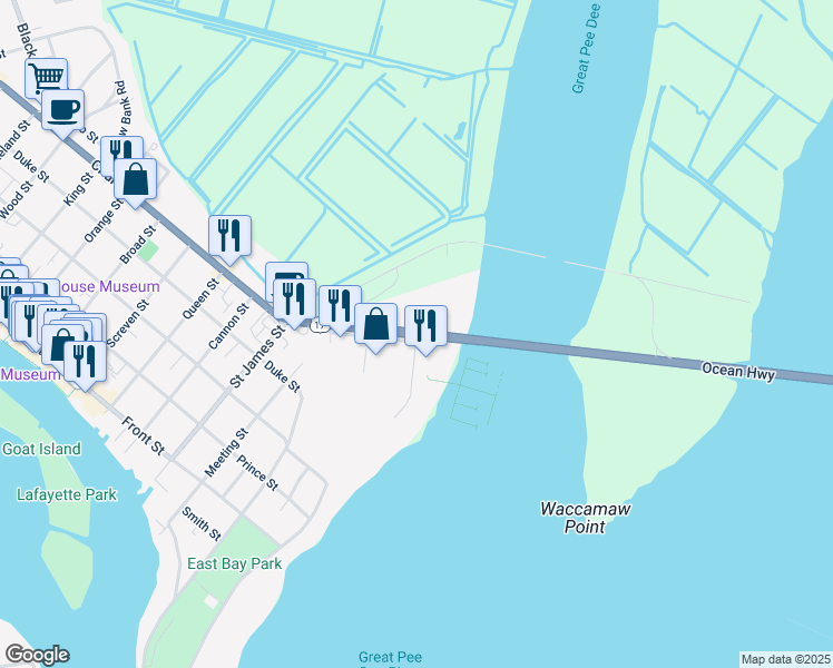 map of restaurants, bars, coffee shops, grocery stores, and more near Ocean Highway in Georgetown