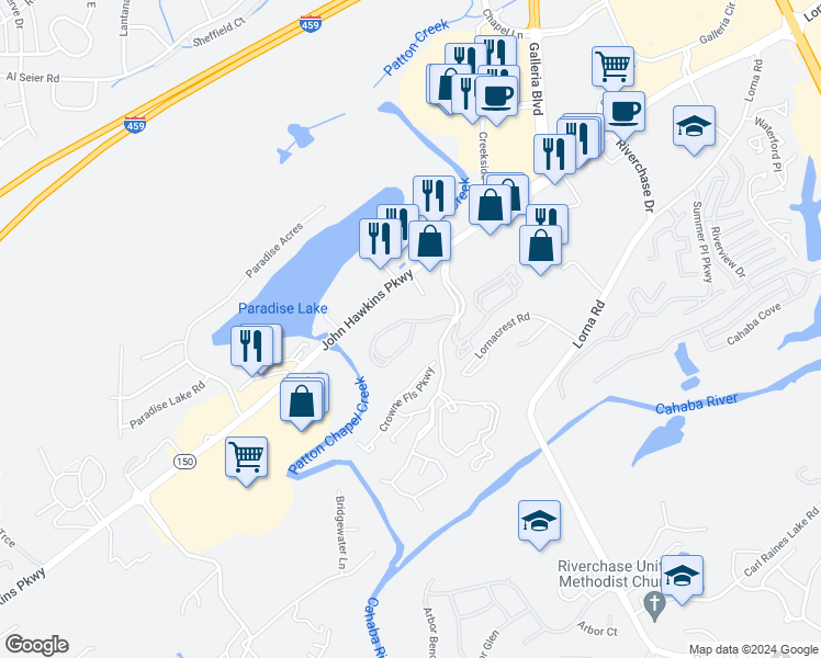 map of restaurants, bars, coffee shops, grocery stores, and more near 5037 Crowne Chase Parkway in Hoover