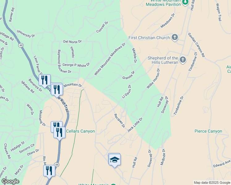 map of restaurants, bars, coffee shops, grocery stores, and more near 202 Klamath Road in Ruidoso