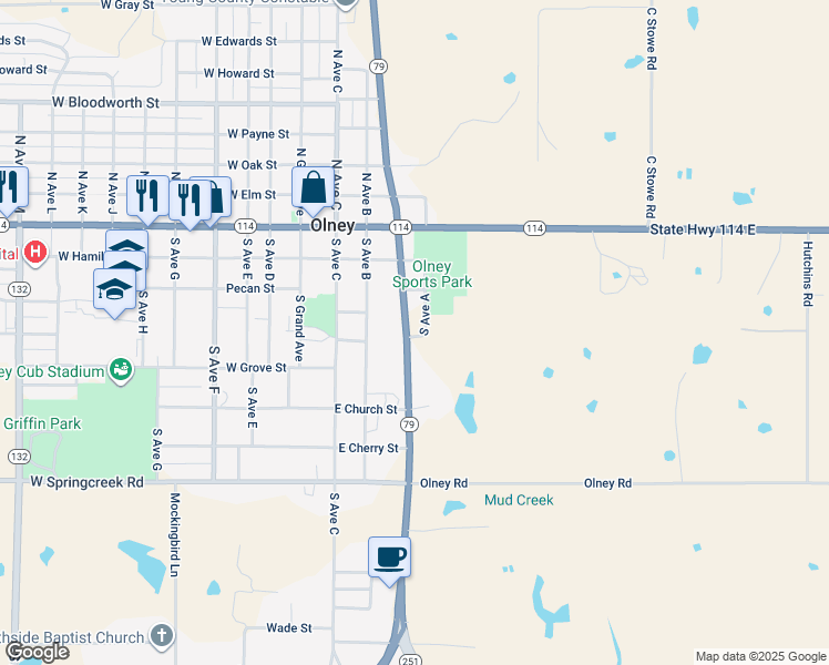 map of restaurants, bars, coffee shops, grocery stores, and more near 315 Texas 79 in Olney